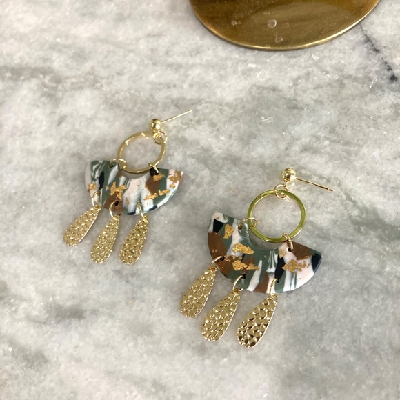 Polymer Clay Gold Flecked Metal Tassel Boho Gold Earrings - Picture 4 of 6